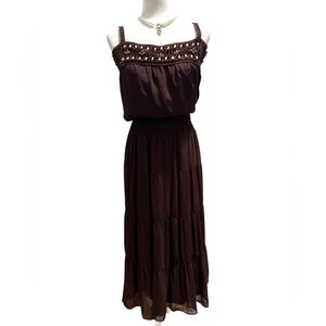 Vintage Y2K Dress Barn Dark Brown Beaded Smocked Boho Sleeveless Midi Dress